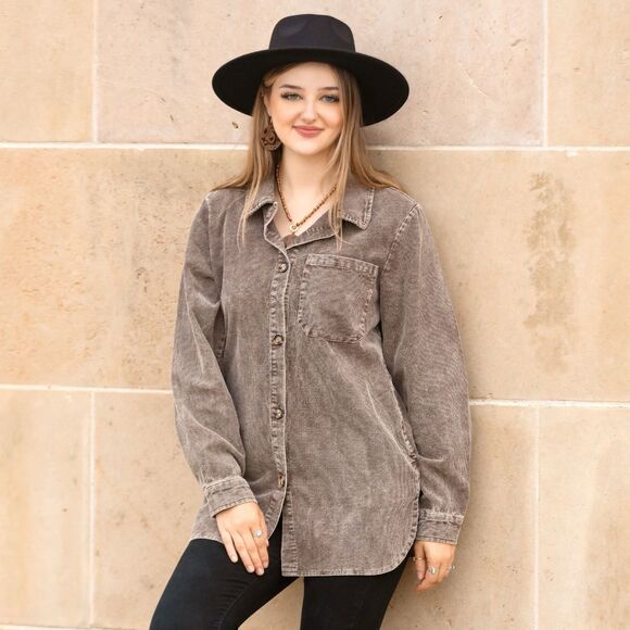 Sunshine & Rodeos Tops - NWT Sunshine & Rodeos Acid Washed Corduroy Shacket Size 2XL Coffee Brown Western